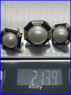 MATCHING SET- Mabe Pearl, Onyx, and Diamonds Ring and Earrings in 14k Gold