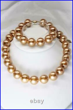 MGJ SET 14K Yellow Gold Genuine Champagne Shell Pearl 16mm NECKLACE-BRACELET
