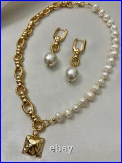 MICKLAT Half Chain & Half Fresh Water Pearl Necklace Set with Real 18K gold