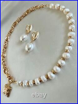 MICKLAT UNIQUE Women's Half Chain & Half Fresh Water Pearl Necklace Set gold