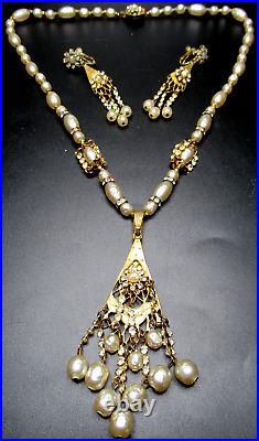MIRIAM HASKELL Dangling Baroque Pearl Rhinestone Vintage Necklace Earring Set