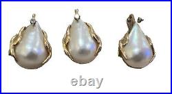 Mabe Pearl Large 14k Yellow Gold & Diamond Pendant Earrings Vintage Screwback