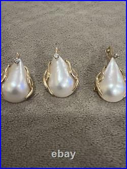 Mabe Pearl Large 14k Yellow Gold & Diamond Pendant Earrings Vintage Screwback