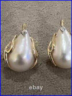 Mabe Pearl Large 14k Yellow Gold & Diamond Pendant Earrings Vintage Screwback