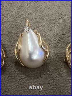 Mabe Pearl Large 14k Yellow Gold & Diamond Pendant Earrings Vintage Screwback