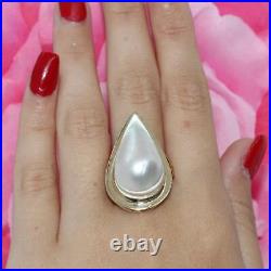 Mabe Pearl Solitaire Teardrop Statement Ring 14K Y/Gold Pear Bezel Set Estate 9