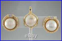 Mabe Pearl and Diamond 14k Yellow Gold Earrings & Pendant Jewelry Set