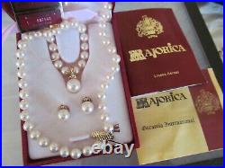 Majorica 18 Sterling Gold Over Pearl Necklace Pendant Enhancer Earrings Set Box