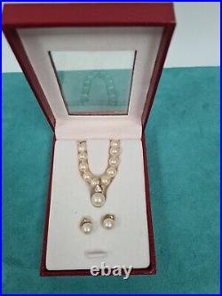 Majorica Faux Pearl Necklace & Earrings Set Sterling Silver Gold Plated Vintage