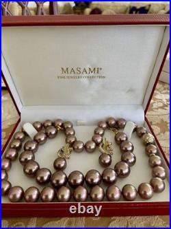 Masami Gold BrownPink Pearl Set-Necklace, Gold&Silver&Diamond Earrings, Bracelet