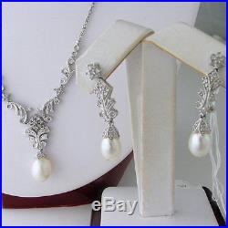 Matching Set of 1.10 CT Diamond & Pearl Necklace with Earrings in 14k White Gold