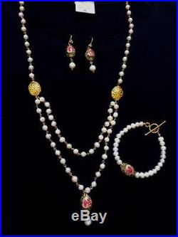 Micro Gold Plated Precious Stone Jewellery Pearl Necklace Earring Bracelet Set