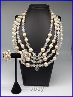 Mid-century Multi-layered Bicone Crystals Faux Pearls Necklace Earring Set