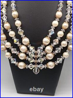 Mid-century Multi-layered Bicone Crystals Faux Pearls Necklace Earring Set