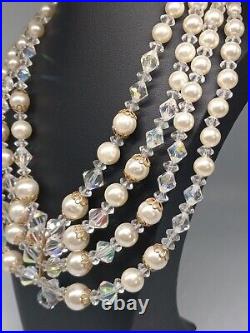 Mid-century Multi-layered Bicone Crystals Faux Pearls Necklace Earring Set