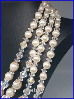 Mid-century Multi-layered Bicone Crystals Faux Pearls Necklace Earring Set