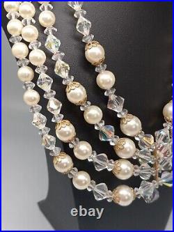 Mid-century Multi-layered Bicone Crystals Faux Pearls Necklace Earring Set