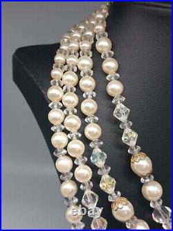 Mid-century Multi-layered Bicone Crystals Faux Pearls Necklace Earring Set