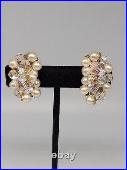 Mid-century Multi-layered Bicone Crystals Faux Pearls Necklace Earring Set