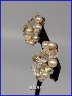 Mid-century Multi-layered Bicone Crystals Faux Pearls Necklace Earring Set