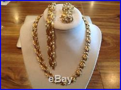 MidCentury Crown Trifari Signed Parure Gold Pearls Rhinestones Neck, Bracelet Ea