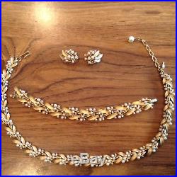 MidCentury Crown Trifari Signed Parure Gold Pearls Rhinestones Neck, Bracelet Ea