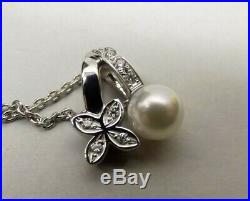 Mikimoto 18K White Gold Akoya Cultured Pearl Diamond Earring Necklace Set Flower
