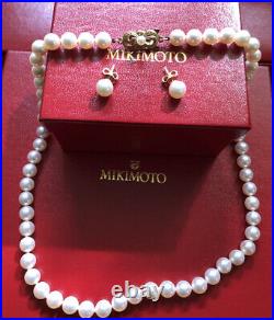 Mikimoto 18k Set Of Pearl Necklace And Earrings With Red Original Box 6.5-7mm