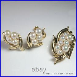 Mikimoto Aaa Pearl & 14k Gold Flower Screw Back Earrings And Pendant Set