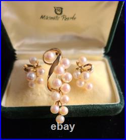 Mikimoto Pearl Brooch and Earrings Set in 14K Gold