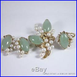 Ming's Hawaii Jade Green& Pearl Cluster 14k Yellow Gold Ring Earrings Brooch Set