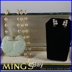 Ming's Hawaii Natural Large Jade Peach Pendant Pearl Necklace & Earrings Set