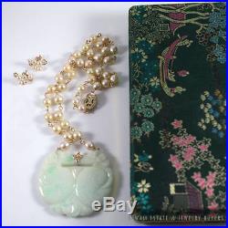 Ming's Hawaii Natural Large Jade Peach Pendant Pearl Necklace & Earrings Set