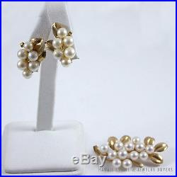 Ming's Hawaii Pearl Cluster 14k Yellow Gold Leaf Brooch & Clip Earrings Set