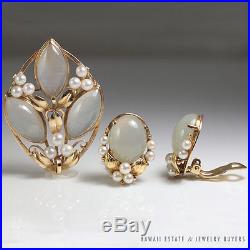 Ming's Hawaii Pearl & Translucent Grey White Jade Earring Pendant 14k 2pc Set