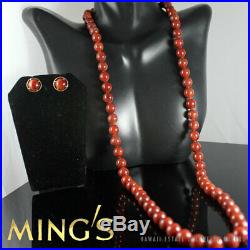 Ming's Hawaii Red Brown Jade Bead 14k Yellow Gold 26.5 Necklace Earrings Set