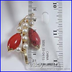 Ming's Hawaii Red Coral & Pearl 14k Yellow Gold Brooch, Ring & Earrings Set