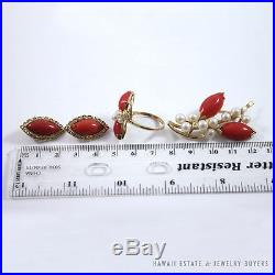 Ming's Hawaii Red Coral & Pearl 14k Yellow Gold Brooch, Ring & Earrings Set
