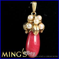 Ming's Hawaii Vintage Rhodocrosite Pink-red & Pearl 14k Yellow Gold Set