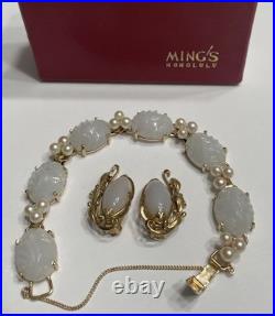 Ming's Honolulu 14kt Gold Bracket And Earrings With Akoyo Pearls White Jade