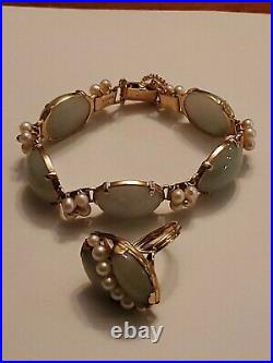 Ming's Mings Of Honolulu Bracelet and Ring set 14K Gold Jade Akoya Pearls C. 1950
