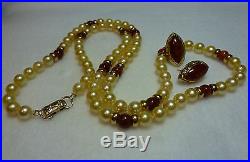 Ming's Necklace Earrings Set Honey Red Jade Golden Pearls 14K Yellow Gold