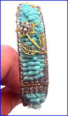 Miriam Haskell Gold Gilt Turquoise Glass Bead Rose Montee Bracelet & Earring Set