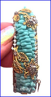 Miriam Haskell Gold Gilt Turquoise Glass Bead Rose Montee Bracelet & Earring Set