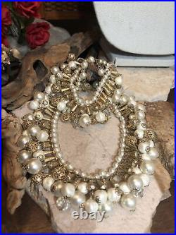 Miriam Haskell Gold tone Filigree Ball Faux pearl Dangle Necklace Bracelet Set