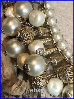 Miriam Haskell Gold tone Filigree Ball Faux pearl Dangle Necklace Bracelet Set