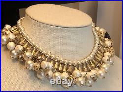 Miriam Haskell Gold tone Filigree Ball Faux pearl Dangle Necklace Bracelet Set