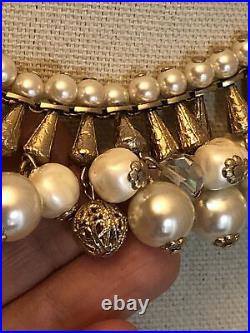 Miriam Haskell Gold tone Filigree Ball Faux pearl Dangle Necklace Bracelet Set