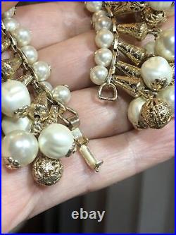 Miriam Haskell Gold tone Filigree Ball Faux pearl Dangle Necklace Bracelet Set