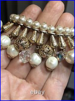 Miriam Haskell Gold tone Filigree Ball Faux pearl Dangle Necklace Bracelet Set